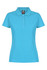 A blue polo shirt for women with a classic collar and three-button placket. Features a logo on the label.