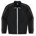 A black jacket with white piping, featuring a front zipper and a collar, includes a logo on the interior tag.