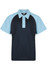 A polo shirt featuring a navy body and light blue sleeves, complete with a collar and buttons.