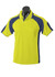 A bright yellow polo shirt with navy blue accents and a pocket, displayed on a mannequin. It features a logo.
