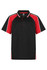 A black and red polo shirt with a button-up collar and contrasting side stripes, featuring a logo.