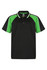 A black polo shirt featuring green accents and a logo. Suitable for children, with a sporty design.
