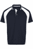 A navy and white polo shirt featuring a sporty design and a logo on the chest area.