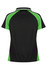 A black polo shirt with green accents on the shoulders and sides, featuring a contrasting collar and a logo.