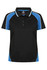 A black polo shirt featuring blue accents and a logo. Structured collar with button closure.