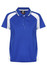 A blue women's polo shirt with white accents and a collar, featuring three buttons and a branded logo.