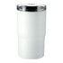 A drink bottle in white with a clear lid and a logo, designed as a vacuum tumbler and cooler.