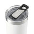 A drink bottle with a clear lid and black tab, featuring a stainless steel rim and a white body.