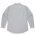 A long sleeve button-up shirt in a light grey and white striped pattern, featuring a back yoke design and a logo.