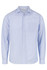 A light blue long sleeve button-up shirt with a chest pocket and a logo on the label.