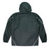 A dark green jacket with a hood, featuring elastic cuffs and reflective detailing. It has a logo.