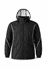A black rain jacket with reflective accents and a hood, featuring a branding logo.