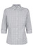 A grey and white checked button-up shirt with 3/4 sleeves. Features a collar and a logo.