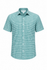 A short-sleeve button-up shirt featuring a green and white checkered pattern and a logo.