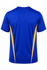 A blue T-shirt with yellow side stripes and a logo on the back. Suitable for casual wear or sports.