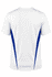 A white t-shirt with blue side stripes and a logo on the back.