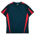 A T-shirt featuring a dark blue body with red accents on the sides and a logo on the neckline.