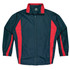 A dark green track top with red stripes on the sides, featuring a zip front and a collar. It has a logo.