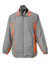 A grey tracktop with orange accents and a zip front, featuring a stand-up collar and elastic cuffs.