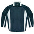A navy and white tracktop jacket with a zip front and a stand-up collar. It features side panels and has a logo.