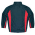 A dark green tracktop featuring red side stripes and a stand-up collar. The back is plain without any text or logos.