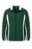 A green track jacket with white accents and a zip front. It features a logo on the upper left.