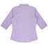 A lavender button-up shirt with 3/4 sleeves and a collar, featuring a logo on the back.