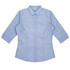 A light blue button-up shirt with three-quarter sleeves and a fitted design, featuring a collar and logo.