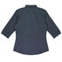A dark grey button-up shirt with 3/4 sleeves and a fitted design, featuring a collar and a logo.