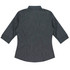 A 3/4 sleeve button-up shirt in dark grey with a striped pattern and a collar, featuring a logo.