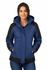 A navy and black women's jacket with a hood, featuring a logo and side pockets.