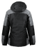 A women's jacket featuring a hood, primarily black with grey accents, showcasing a modern design.