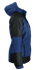 A blue and black jacket with a hood, featuring a branding logo on the sleeve.