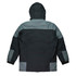 A jacket featuring a dark green and grey colour scheme, with a hood and elastic cuffs. It has a logo on it.