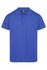 A blue polo shirt with a collar and three buttons, featuring a logo on the label.