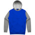 A blue and grey hoodie featuring a front pocket and a hood, with a logo on the inside of the hood.