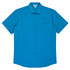 A short sleeve button-up shirt in bright blue, featuring a single chest pocket and a collar. It has a branding logo.