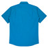 A short sleeve button-up shirt in a vibrant blue colour, featuring a simple design and back pleats.