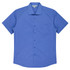 A short-sleeve button-up shirt in a solid blue colour, featuring a single chest pocket and a collar.