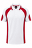 A white polo shirt with red accents and a branding logo on the chest area.