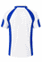 A white polo shirt with blue accents and a logo on the back, featuring short sleeves and a collar.
