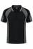 A black polo shirt with grey accents and a logo on the chest, featuring a classic collar and short sleeves.