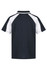 A black polo shirt with white detailing, featuring a logo on the front. Suitable for children's wear.