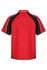 A red polo shirt with black accents and a logo on the sleeve, featuring a classic collar and short sleeves.