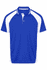 A blue polo shirt with white raglan sleeves and a collar, featuring a logo on the chest.
