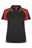 A black polo shirt featuring red and yellow accents, with a logo on the chest area.