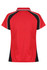 A red polo shirt featuring black accents and a logo, designed for women's wear. Back view shown.