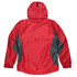 A red jacket with grey side panels and a hood. Features logo branding.