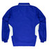 A blue tracktop with white side panels, featuring a collar and elastic cuffs, with a logo on the front.