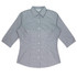 A button-up shirt featuring a grey and white check pattern with 3/4 sleeves and a collar. It has a logo on the label.